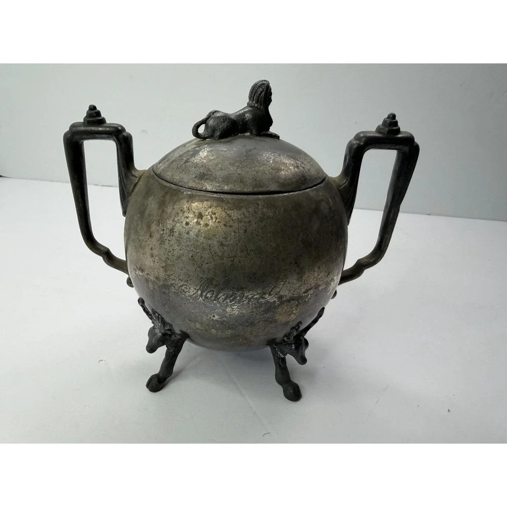 Antique Simpson Hall Miller Sphinx Deer Heads Silver Plate‎ Sugar Bowl Engraved